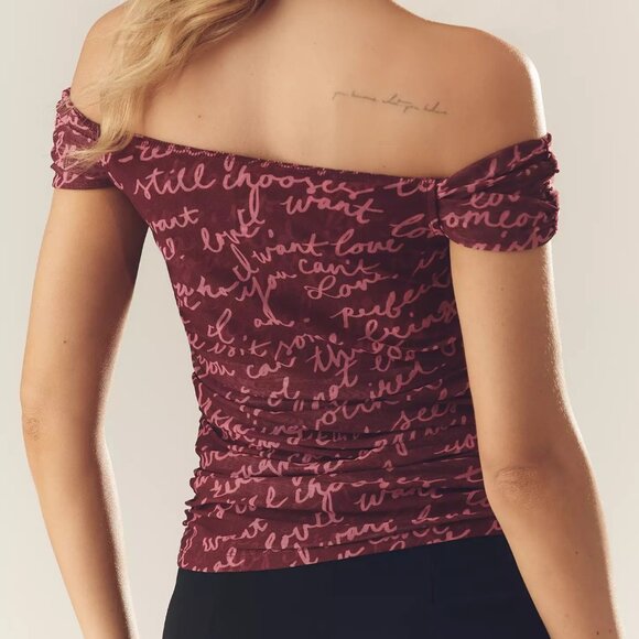 Anthropologie Maeve Off-Shoulder Script Print Ruched Top – Romance Collection - Picture 2 of 11